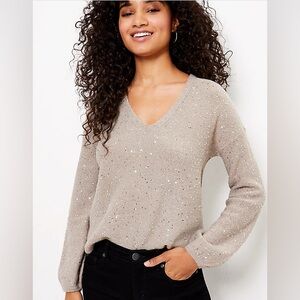 Loft Sequin Double V Sweater Size: Medium Color: Taupe Sand Melange